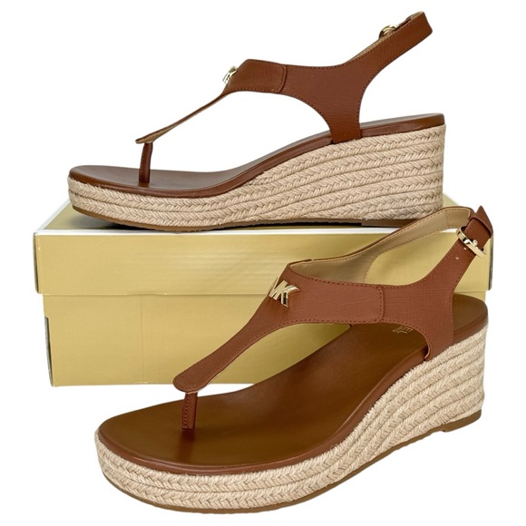 MICHAEL Michael Kors Shoes - Michael Kors Laney Tan Faux Leather Womens Thong Wedge Sandals Size 7.5M